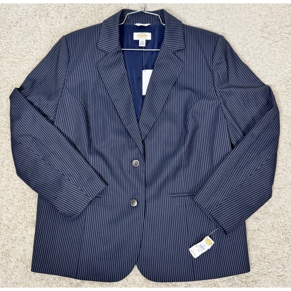 Talbots Woman Navy Blue Pinstripe Wool Silk Blend Blazer Size 14 Stretch Career‎